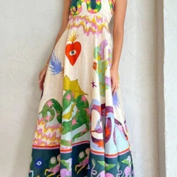 Bohemian A line Unique Print Smocked Back Midi Beach Dress XL - Picture 4 of 16